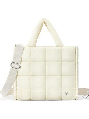 Women's White Quilted Zipper Tote Bag Puffy Weekender Overnight Nylon Shoulder